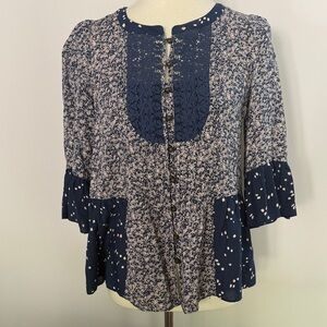 Anthropologie Navy and White Mixed-Print Crochet Yoke Blouse